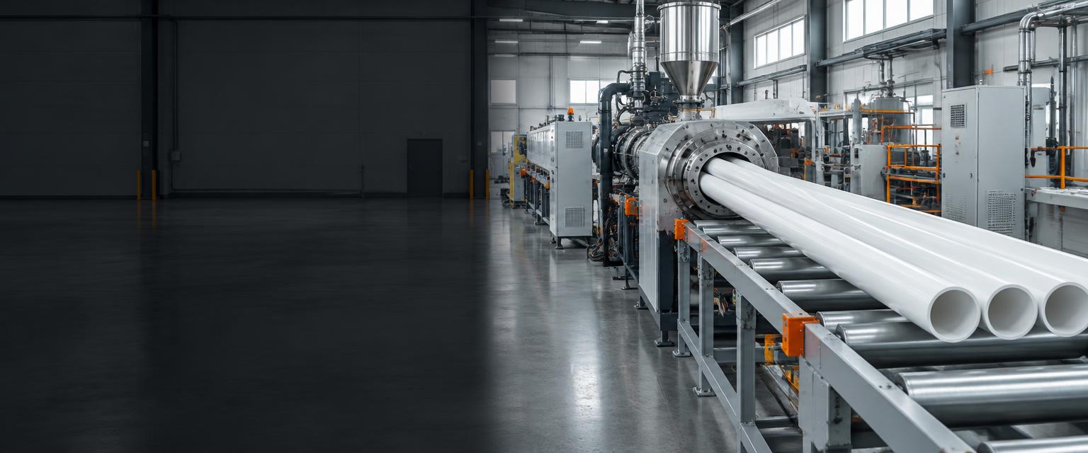 Illustrative plastics extrusion line with white pipes on steel rollers